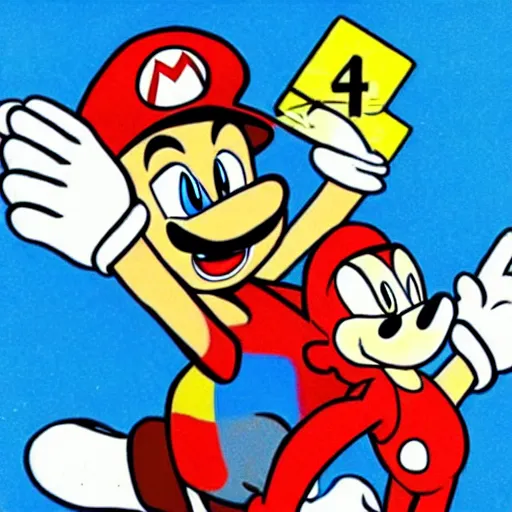 Image similar to 1940s disney film about super mario and sonic the hedgehog