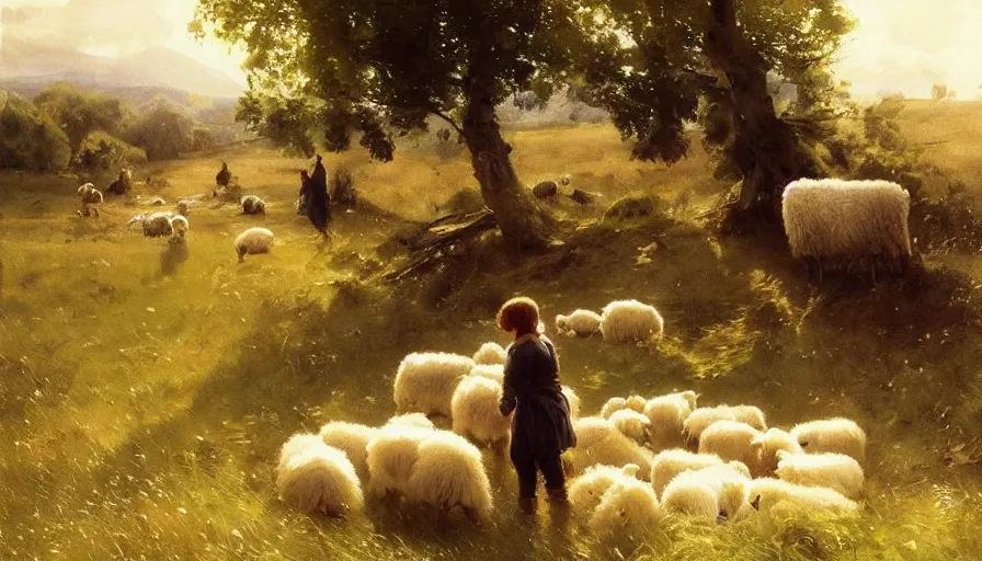 Prompt: simple villager shepherd and children with flocks of sheep in open fields, art by anders zorn, wonderful masterpiece by greg rutkowski, beautiful cinematic light, american romanticism thomas lawrence, greg rutkowski