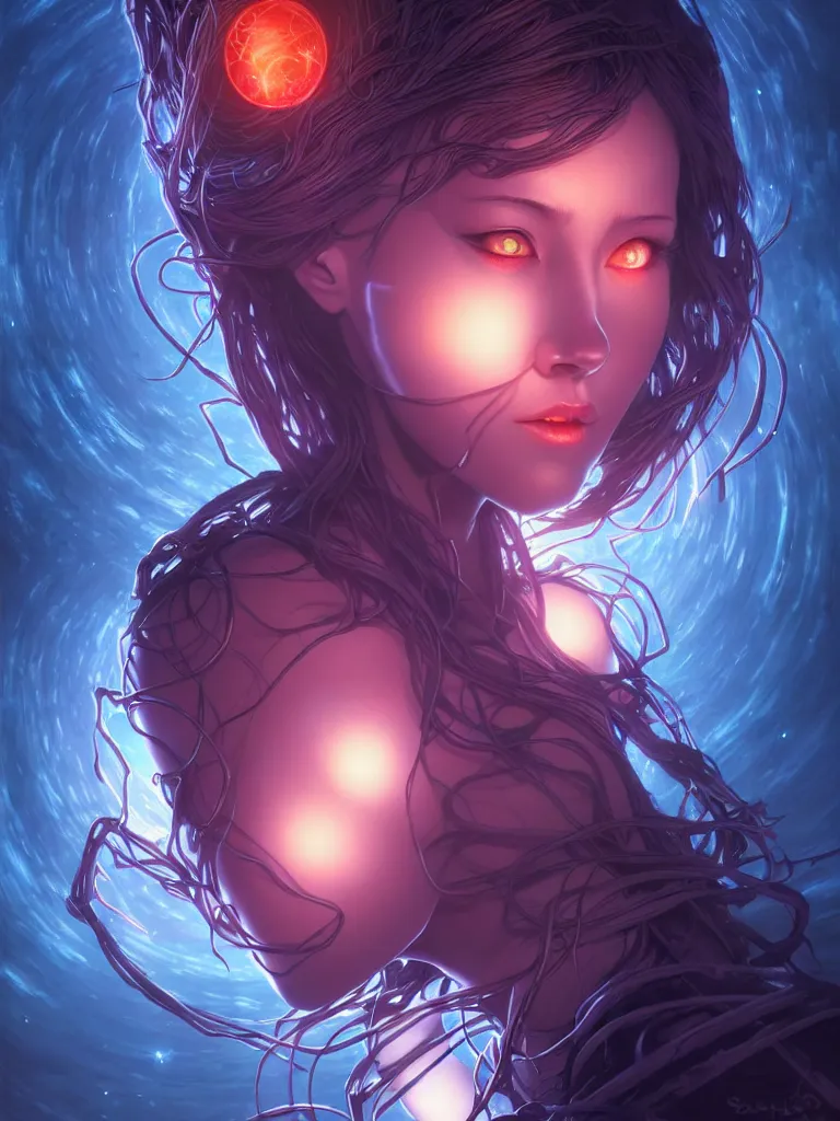 Image similar to azathoth girl save the earth, occlusion shadow, specular reflection, rim light, unreal engine, artgerm, artstation, art by hiroaki samura and ilya kuvshinov and ossdraws, intricate, highly detailed 8 k, cosmic horror illustration, extremely beautiful and aesthetic shape of face and body, movie poster