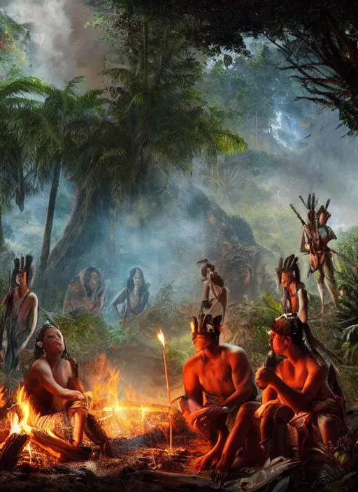 Prompt: a beautiful matte painting of an indigenous tribe around a fire in the jungle, fantasy art, epic lighting, beautiful composition, matte painting, highly detailed