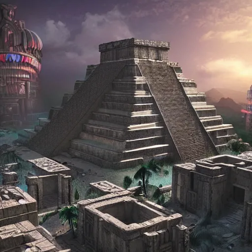 Prompt: Mayan temples merged with cyberpunk futuristic aesthetic 4k highly detailed intricate engravings of esoteric symbols