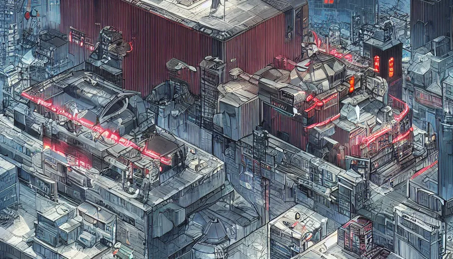 Image similar to Concept Art Illustration of neo-Tokyo Maximum Security Bank, in the Style of Akira, Syndicate Corporation, Anime, Dystopian, Highly Detailed, Helipad, Special Forces Security, Giant Crypto Vault, Docks, Shipping Containers of Money :2 Akira Movie style : 8