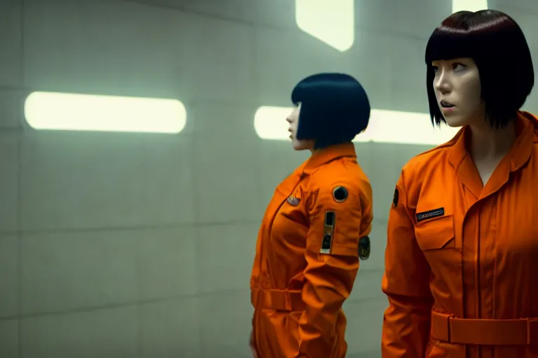 Image similar to major motoko wearing an orange prison jumpsuit, photography by fred palacio medium full shot still from bladerunner 2 0 4 9, sci fi, bladerunner, canon eos r 3, f / 3, iso 2 0 0, 1 / 1 6 0 s, 8 k, raw, unedited