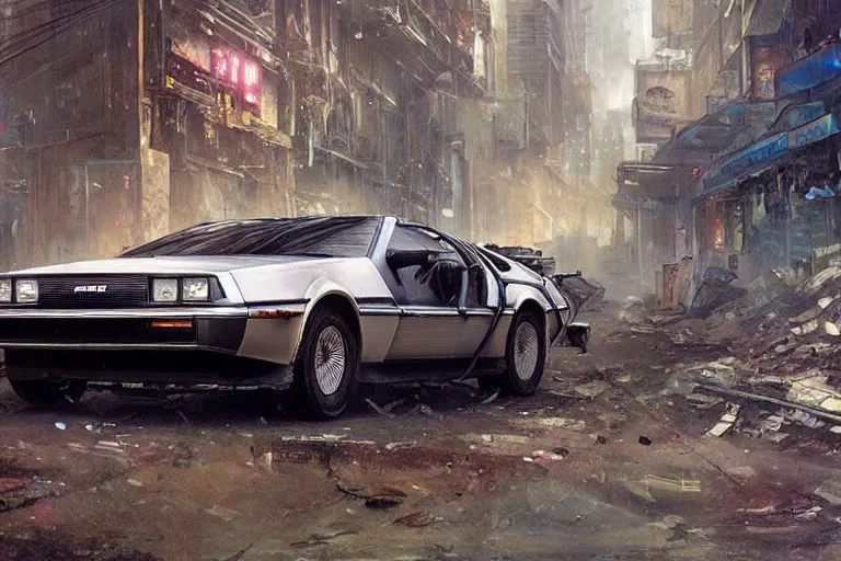 Image similar to photograph of the delorean driving down the streets of a cyberpunk abandoned city, by greg rutkowski, by stanley artgerm, by alphonse mucha