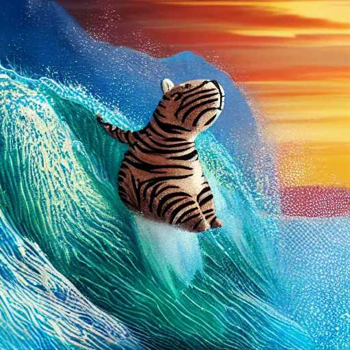 Image similar to a closeup photorealistic photograph of a cute smiling knitted tiger hippopotamus riding a large wave at sunset. surf in background. professional capture. brightly lit scene. this 4 k hd image is trending on artstation, featured on behance, well - rendered, extra crisp, features intricate detail, epic composition and the style of unreal engine.