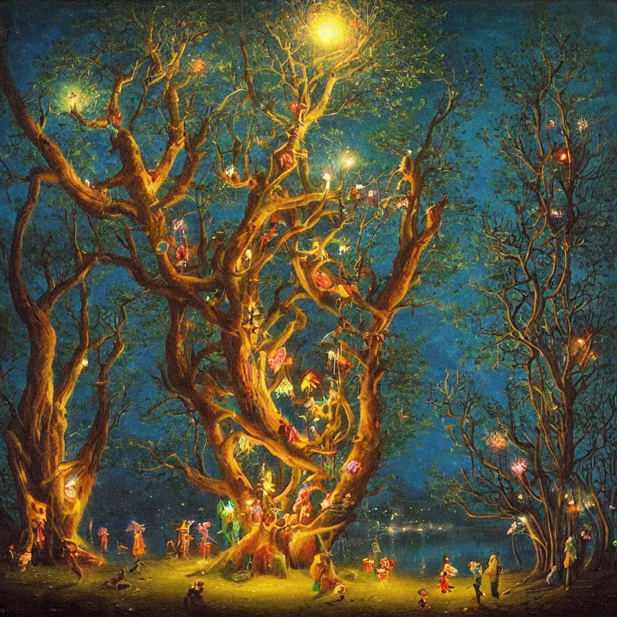 Prompt: a night carnival around a magical tree cavity, with a surreal orange moonlight and fireworks in the background, next to a lake with iridiscent water, christmas lights, folklore animals and people disguised as fantastic creatures in a magical forest by summer night, masterpiece painted by karl briulov, dark night environment