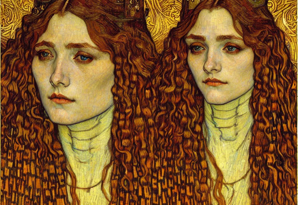 Image similar to detailed realistic beautiful young medieval queen face portrait by jean delville, gustav klimt and vincent van gogh, art nouveau, symbolist, visionary, gothic, pre - raphaelite, muted earthy colors, desaturated