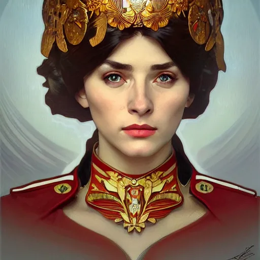 Prompt: a portrait of a female hero of the soviet union, full portrait, decorated with soviet motifs, intricate, elegant, highly detailed, symmetry, headpiece, digital painting, artstation concept art smooth sharp focus, illustration, art by artgerm and greg rutkowski alphonse mucha 8 k