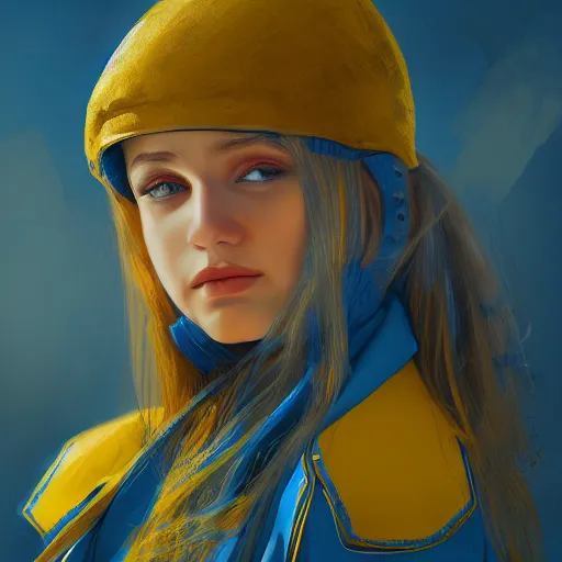 Prompt: ukrainian girl, in blue and yellow clothes, watching war, concept art, trending on artstation, highly detailed, intricate, sharp focus, digital art, 8 k