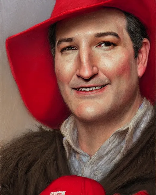 Image similar to closeup portrait of whimsical conniving ted cruz wearing a red maga cap, court jester in renaissance era,, masterpiece, by donato giancola and greg rutkowski and wayne barlow and zdzisław beksinski, high contrast, realistic face