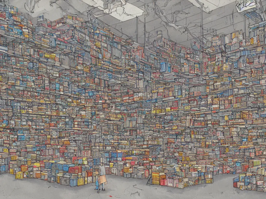 Image similar to a contemoprary painting of a warehouse with huge shelves in which stacks of paper are stored by james jean, trending on artstation, graffiti by digitaldoes