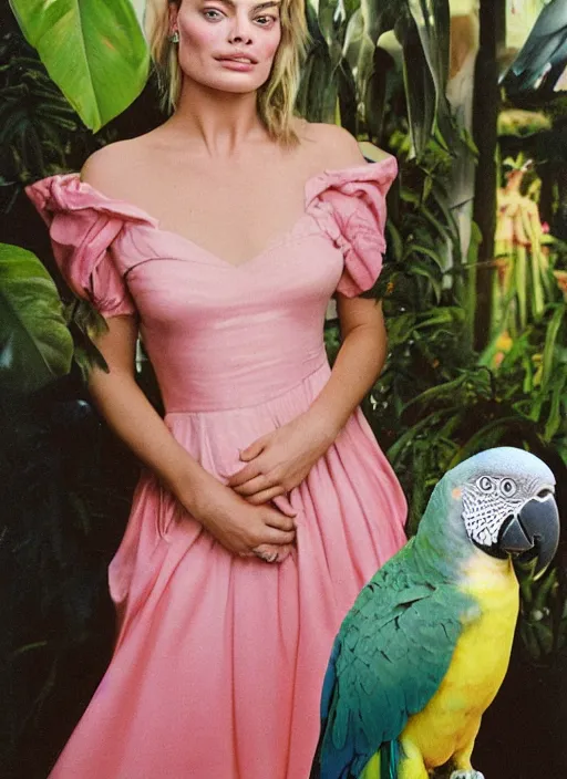 Image similar to grainy head to shoulder portrait Polaroid film photograph of Margot Robbie wearing a pink night gown with a very detailed parrot on her shoulder!!! in a tropical greenhouse. looking at the camera!!. super resolution. Extremely detailed. Polaroid 600 film. art by James Gurney.