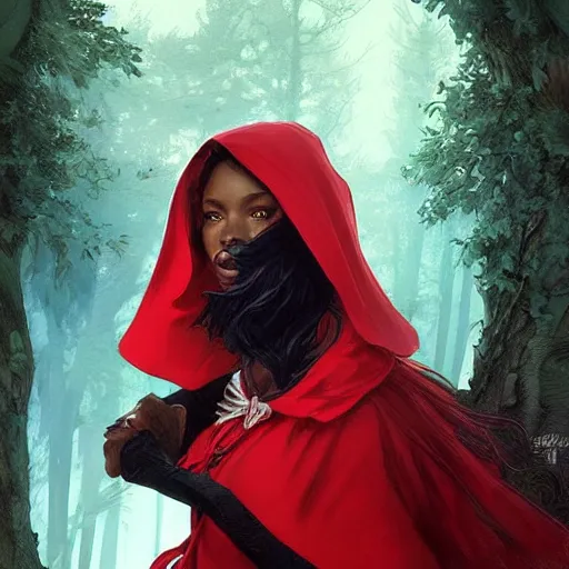 Image similar to Beautiful Portrait of Little Red Riding Hood with a black panther, intricate, wild, highly detailed, digital painting, artstation, concept art, smooth, sharp focus, illustration, art by artgerm and greg rutkowski and alphonse mucha, footage from space camera