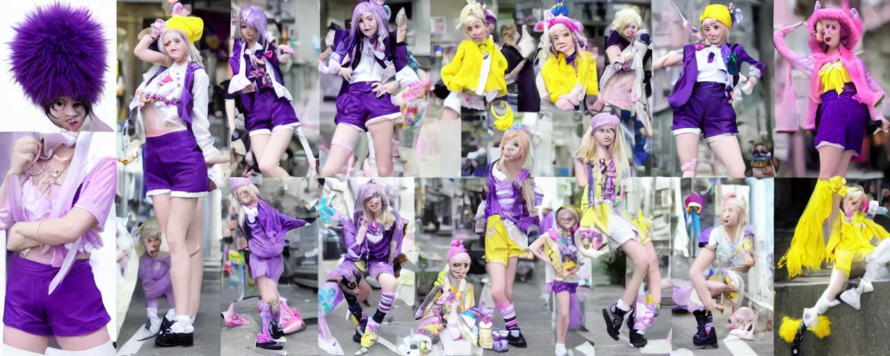 Image similar to A character sheet of a cute magical girl with short blond hair and freckles wearing an oversized purple Beret, Purple overall shorts, Short Puffy pants, pointy jester shoes, a big yellow scarf, and white leggings. Rainbow accessories all over. Photo Collage. By Seb McKinnon. Decora Fashion. harajuku street fashion. Cosplay. E-Girl. Kawaii Design. Intricate. Highly Detailed. Photorealistic. Sunlit