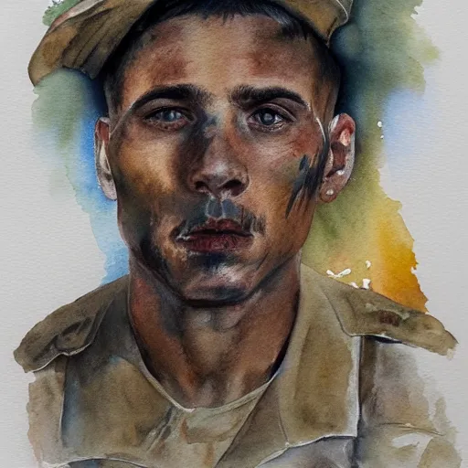 Prompt: Detailed portrait of a jarhead. Watercolor.