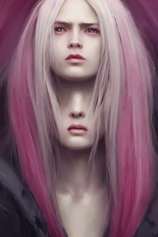Image similar to a beautiful portrait of an attractive women with long white hair and deep pink eye colour by greg rutkowski, sung choi, mitchell mohrhauser, maciej kuciara, johnson ting, maxim verehin, peter konig, 8 k photorealistic, cinematic lighting, hd, high details, dramatic, atmosphereric, trending on artstation