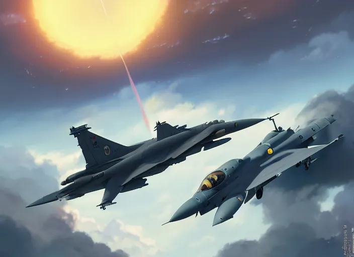 Prompt: portrait of figther jet evading, smoky sky background, lush landscape, illustration concept art anime key visual trending pixiv fanbox by wlop and greg rutkowski and makoto shinkai and studio ghibli and kyoto animation, us airforce, f 1 6, harrier, panavia tornado, symmetrical