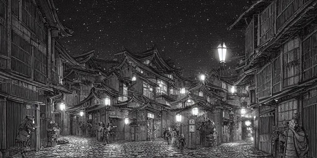 Image similar to Medieval Kyoto street at night, street level, cinematic lighting, 4k, trending on artstation, low key, intricate ink illustration, digital art, ultra detailed, art by albert bierstadt