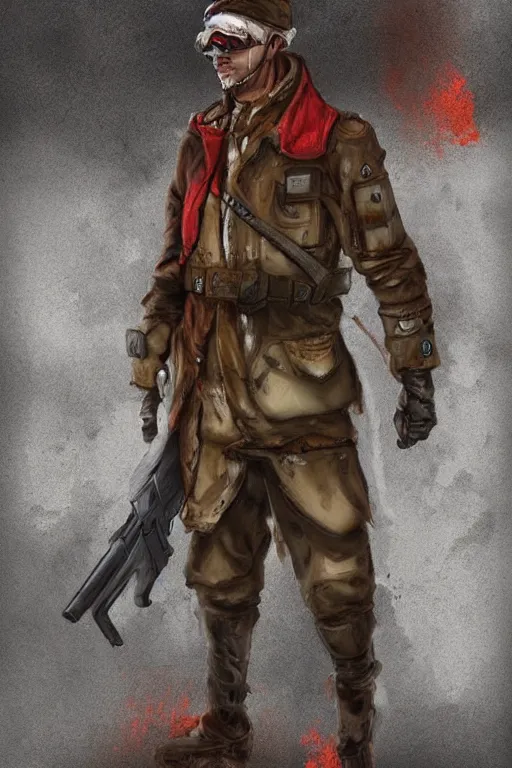 Prompt: post-apocalyptic soldier, brown coat with red patches, character concept art, digital art