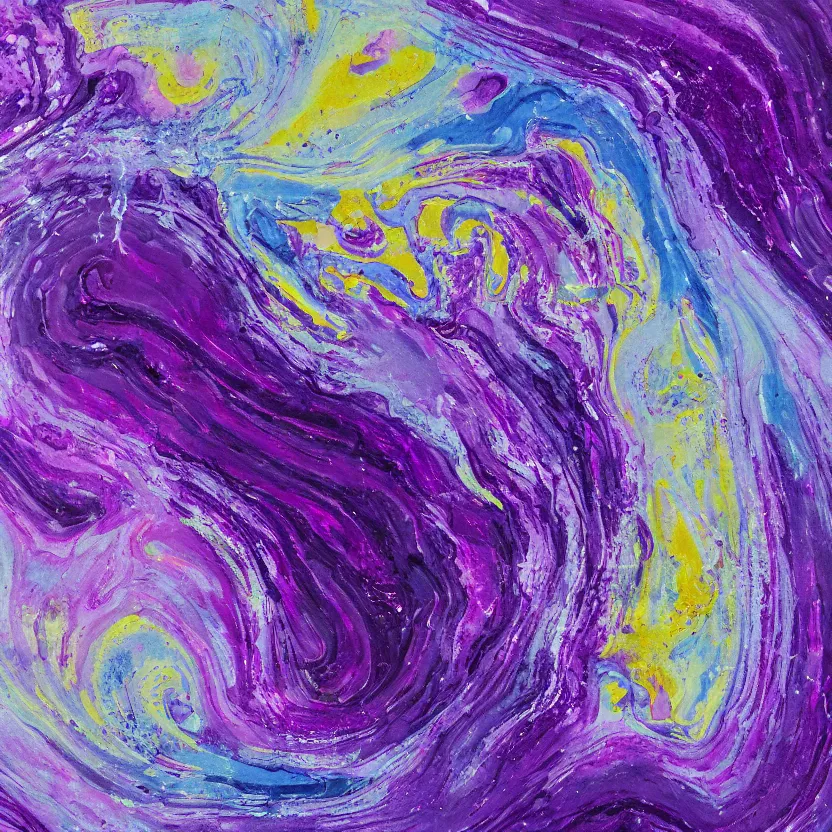 Image similar to abstract multiple layers of purple and blue shades paint dripping and running in a circular pattern, oil on canvas, detailed