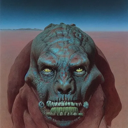 Image similar to desert orc by Zdzisław Beksiński, oil on canvas