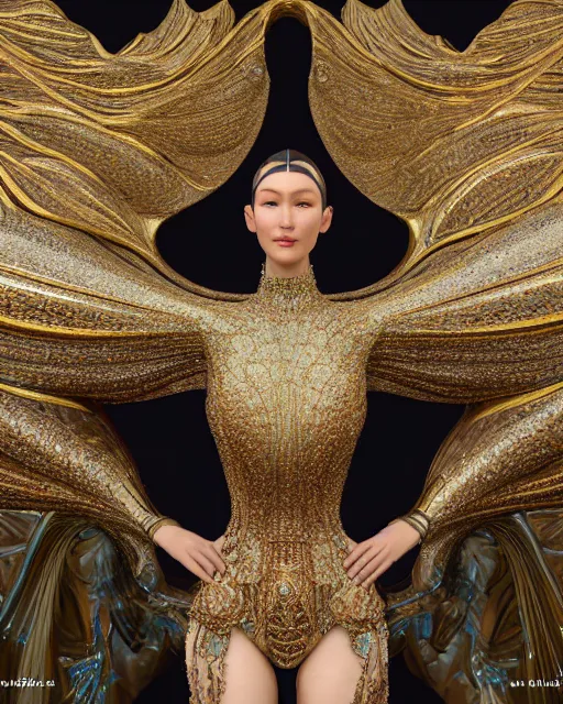 Image similar to a highly detailed metahuman 4 k close up render of a goddess bella hadid monument renaissance in iris van herpen dress schiaparelli in diamonds crystals swarovski and jewelry iridescent in style of alphonse mucha gustav klimt trending on artstation made in unreal engine 4