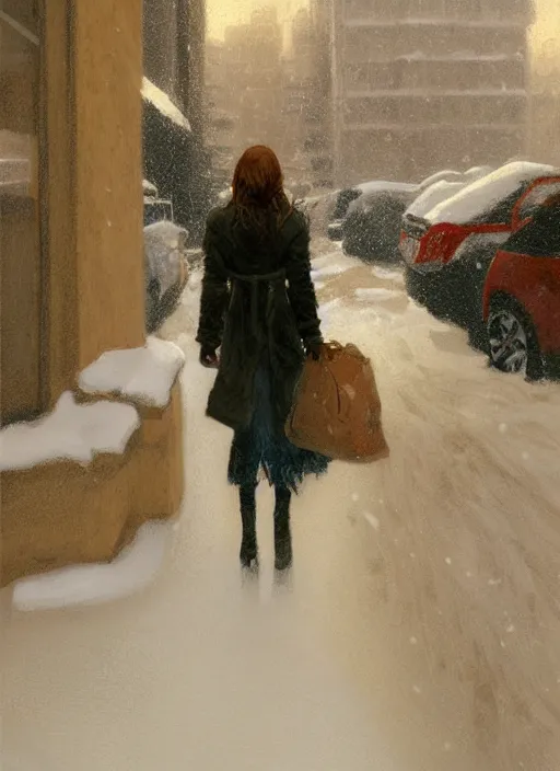 Image similar to back of emma stone in beige coat, walking into new york apartment building in winter, opening door, building entrance, snow, zoomed out, artwork by gaston bussiere, craig mullins, trending on artstation