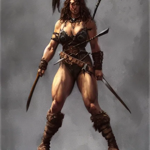 Prompt: full body portrait of a strong fierce female barbarian by Frank Frazetta, trending on artstation, cgsociety, wlop, cosmic, epic, stunning, gorgeous