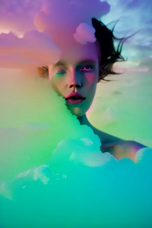 Image similar to high quality pastel coloured film close up wide angle photograph of a model wearing clothing swimming on cloud furniture in a icelandic black rock!! environment in a partially haze filled dreamstate world. three point light, rainbow. photographic production. art directed. pastel colours. volumetric clouds. pastel gradient overlay. waves glitch artefacts. extreme facial clarity. 8 k. filmic.