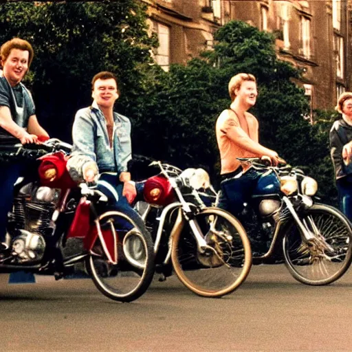 Image similar to photorealistic screenshot from a golden earring - going to the run clip ed's got the looks of a moviestar eds got the smile of a prince he ride a bike instead of a car i wanna be his friend