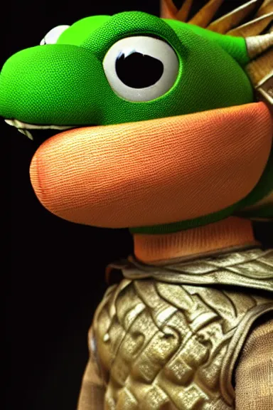 Image similar to very very intricate photorealistic photo of yoshi in an episode of game of thrones, photo is in focus with detailed atmospheric lighting, award - winning details