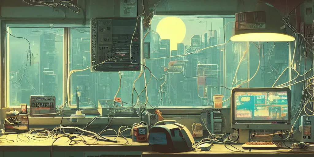 Prompt: cozy 9 0 s bedroom retrofuturism, cluttered, wires everywhere, computer, window, at night, lit only by the luminescent computer screen, cyberpunk city, dramatic lighting, alien technology, detailed by simon stalenhag