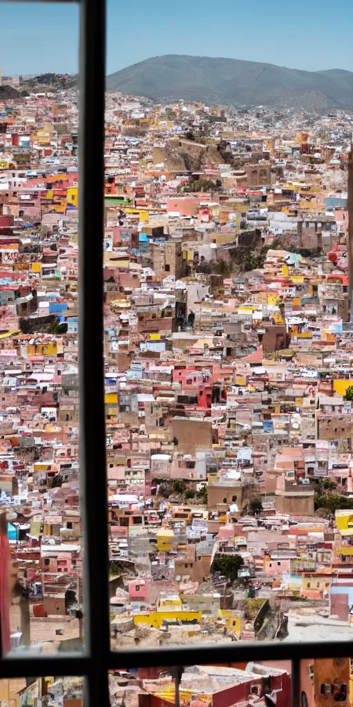 Image similar to window in foreground, guanajuato city in background, by wes anderson