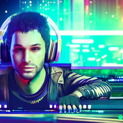 Prompt: electronic dj portrait, cyberpunk 2 0 7 7, cyberpunk, photorealistic, ultra detailed, neon, octane, bokeh, cinematic lighting, cyber, cyberpunk city, headphones, studio quality, feature, scars, cyberface, 8 k