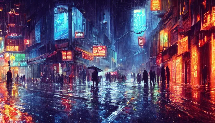 Image similar to city street in 8 0 s decade of xx century in early evening by neon lights during rain, shadows, reflections, epic composition, intricate, elegant, volumetric lighting, digital painting, highly detailed, artstation, sharp focus, illustration, concept art, ruan jia, steve mccurry