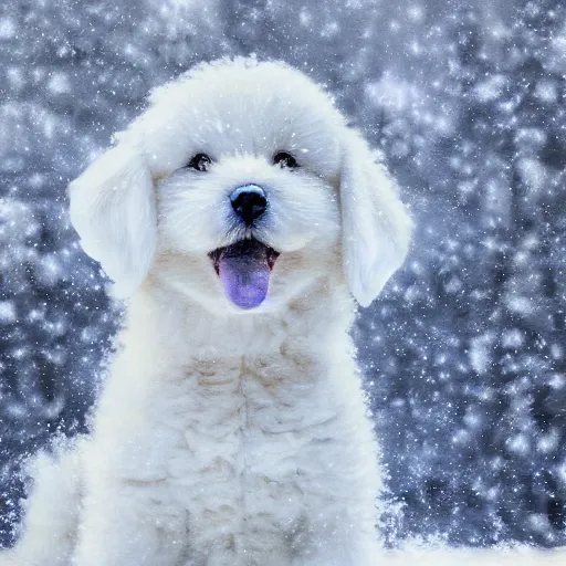 Image similar to cute fluffy white puppy sitting in snowy winter landscape detailed painting 4k