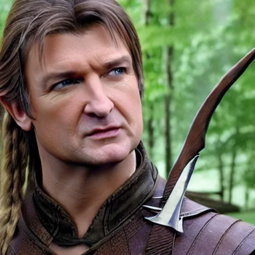 Image similar to Nathan Fillion as legolas on fire, hyper realistic