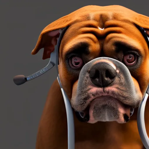 Prompt: A studio photo portrait of a brown Bulldog wearing a headphone, style Steve McCurry, hyperrealistic, ultra HD, Unreal Engine 5 render