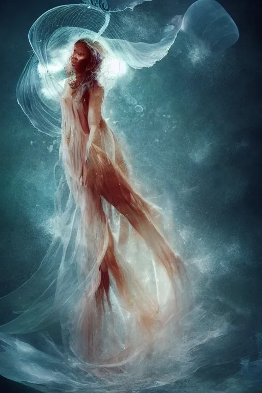 Prompt: A beautiful woman merged with a jellyfish, concept art, atmospheric, photography, magical atmosphere