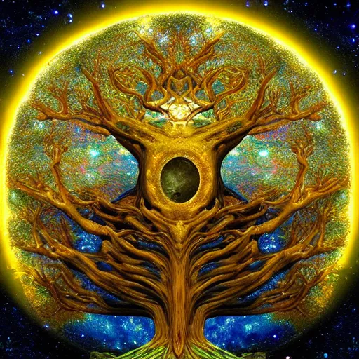 Prompt: a cosmic yggdrasil with galaxies hanging from the branches by thomas cole and gustav klimt, digital art, artstation, low angle, high detail, intricate, white wood,