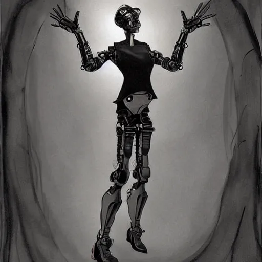 Image similar to ccyborg man, thin, short hair, small scar on the chin, a robotic arm and big shoes, sophisticated clothing with some steampunk elements, gesture dynamic, organic, appealing, book cover, deep shadows, by Dave McKean sketch lineart for character design