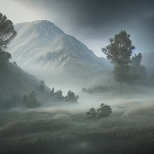 Image similar to Beautiful misty mountain landscape with million blind eyes are watching, Octane render, artistic, Cinema 4D, dark horror,