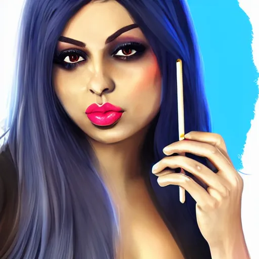 Prompt: portait of haifa wehbe, concept art, perfect lips eating lollipop, long hair centred, hd, very detailed curve, digital painting, unreal engine, amazing blue background theme