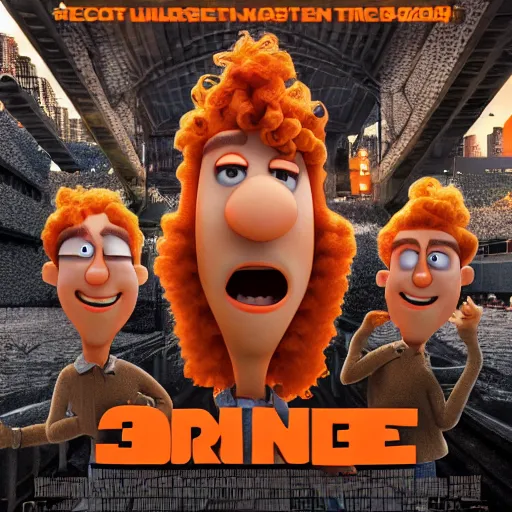 Image similar to 3 d render of curly orange hair men as a pixar 2 0 2 2 movie poster, smooth, intricate, octane, reflects, ultra detailed, sharp focus, symmetry
