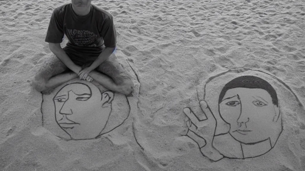 Prompt: sand art intrigued portrait of a sad young dude 3 7 years old