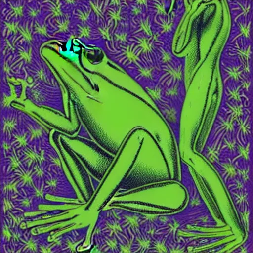 Image similar to Alex Jones turning thousands of frogs gay. Super resolution. Award winning illustration art in the style of Alex Grey