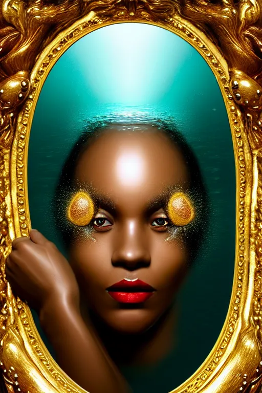 Image similar to hyperrealistic neo rococo cinematic very expressive! black oshun goddess, open eyes, body in water, mirror dripping droplet!, gold flowers, highly detailed face, digital art masterpiece, smooth eric zener cam de leon dramatic pearlescent teal light, ground angle uhd 8 k, sharp focus