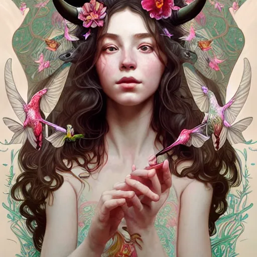 Prompt: Portrait of a girl with horns being surrounded by hummingbirds, face, fantasy, intricate, elegant, highly detailed, digital painting, artstation, concept art, smooth, sharp focus, illustration, art by Wei Fan and Fernanda Suarez and Artem Demura and alphonse mucha