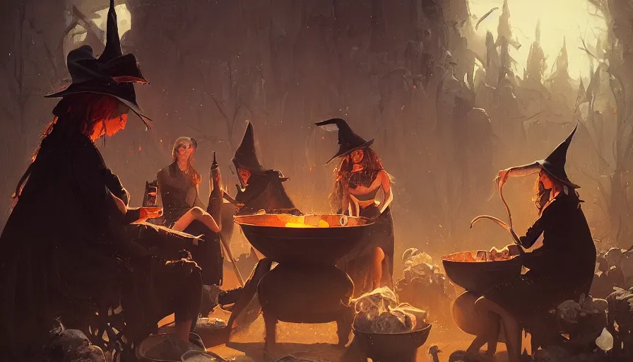 Image similar to A beautiful painting of witches brewing with a cauldron by greg rutkowski and Kalin Popov, trending on artstation