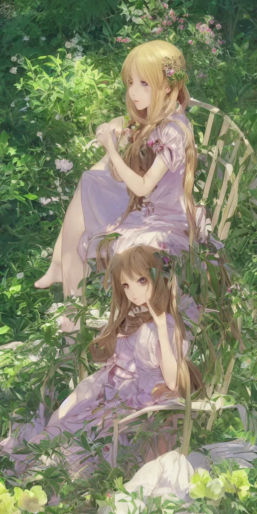 Prompt: a digital art of a loli with long hair in a dress sitting on a garden chair in the privet garden at after noon, green and warm theme, back lighting, by krenz cushart and mucha and akihito yoshida and greg rutkowski and makoto shinkai, extremely long shot, detailed eyes, 4 k resolution, trending on art station